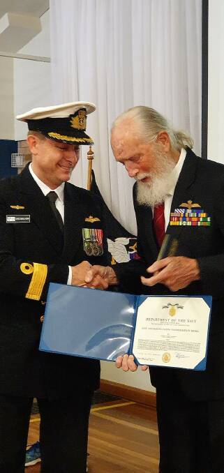 Commodore Smallhorn presented Lt Commander Jim Buchanan DFC RAN (Ret) a Navy and Marine Corps Commendation Medal from the US Navy for his role in saving life and his leadership in the aftermath of the collision between HMAS Melbourne and USS Frank E Evans.
