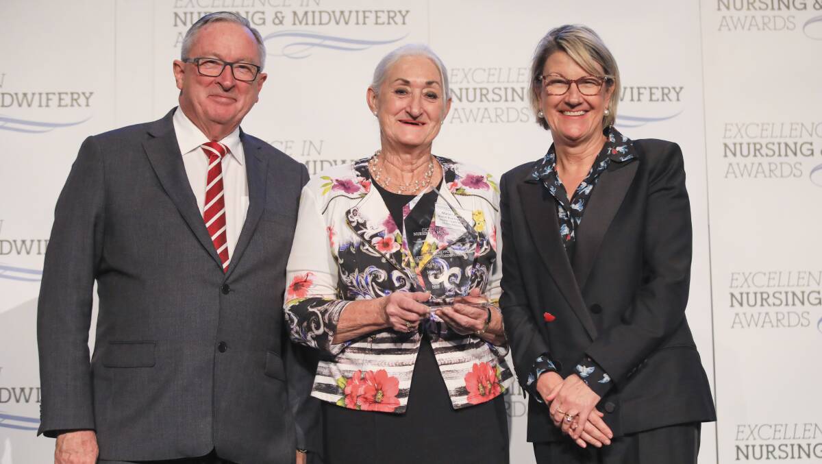 Judith Meppem Lifetime Achievement Award recipient, Marion Hawker with Minister for Health Brad Hazzard and secretary of NSW Health Elizabeth Koff.