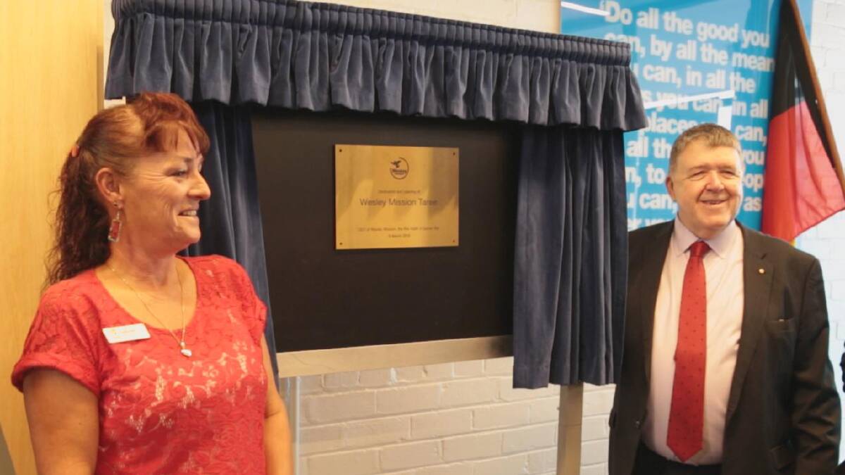 The Rev Dr Keith Garner, CEO, Wesley Mission (right) and Councillor Kathryn Bell unveils the opening plaque of the new Wesley Mission community hub  In Taree.
