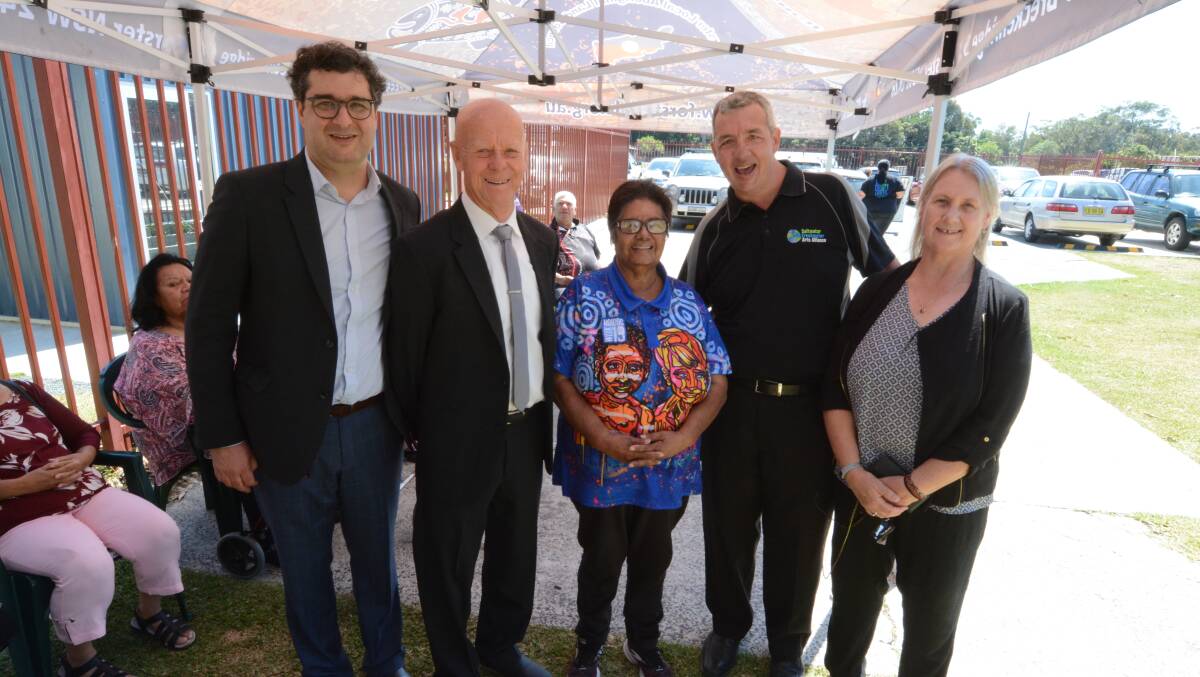 Festival announcement at Forster: MidCoast Council general manager Adrian Panuccio, mayor David West, Forster Local Aboriginal Land Council director Donna Hall, Saltwater Freshwater Arts Alliance general manager Chris Spencer and deputy mayor Claire Pontin.