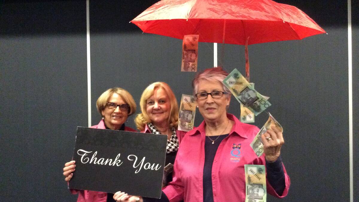 Thank you: Taree Quota president Nancy Boyling, Debra Steber and Janenne Towers thanks the Manning community for donating to the red umbrella appeal.
