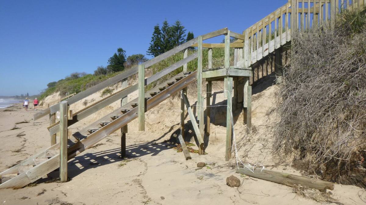 Recent rough seas along the Mid North Coast have damaged infrastructure in the Old Bar area, requiring the closure of the Vandenberg stairs near the Surf Lifesaving Club.