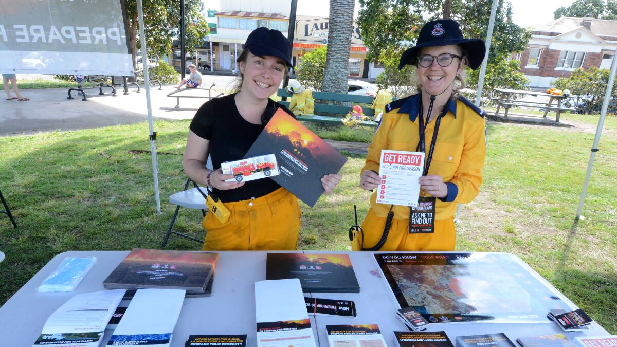 Many Rural Fire Service brigades held Get Ready events last weekend. Wallaby Joe brigade set up in Wingham's Central Park where volunteers Eddie Raglue and Kerrie Guppy were on hand with information and bushfire survival plan packs for distribution.