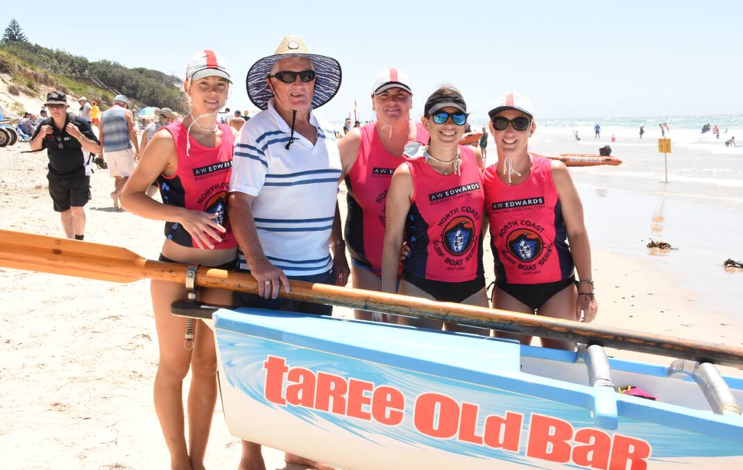 January 2018: Old Bar crew Maggie Collins, Jane Lynch, Corinne Stephenson and Sara Little with Bevan Weiley, who had a boat named after him. The boat naming took part during the North Coast series at Old Bar.