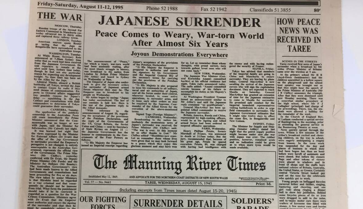 PEACE: How The Manning River Times reported the end of war after almost six years, while the world welcomed Mary Woolfe ((nee Hooper).