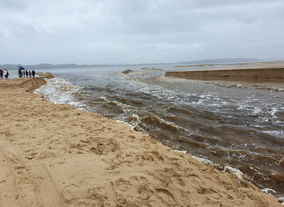 Floodwater from the Manning escapes to the sea at Farquhar Inlet, Old Bar. Photo supplied
