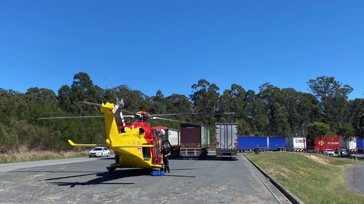 The Westpac Rescue Helicopter landed in the car park of the Taree highway service centre this morning.