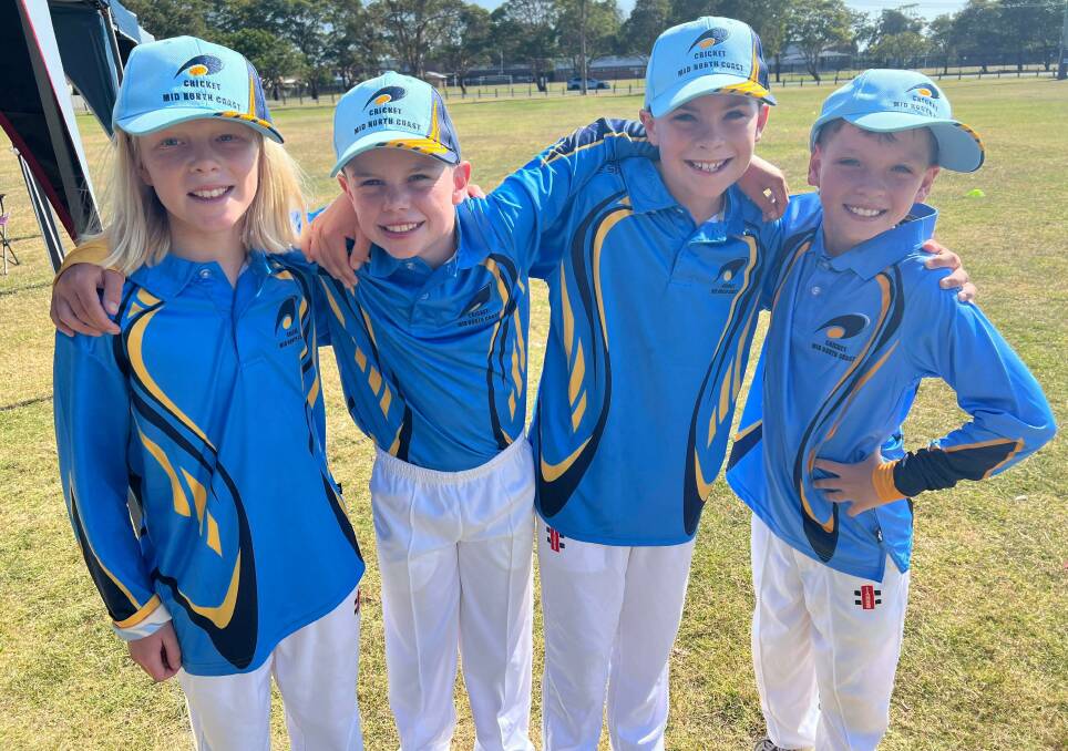 Under 11 Manning players who are part of the Mid North Coast Under 11s team currently competing in Newcastle: Tom Miller, Harry Plummer, Khaiden Meldrum and Matthew Yarnold (who took the hat-trick on Tuesday). Picture supplied