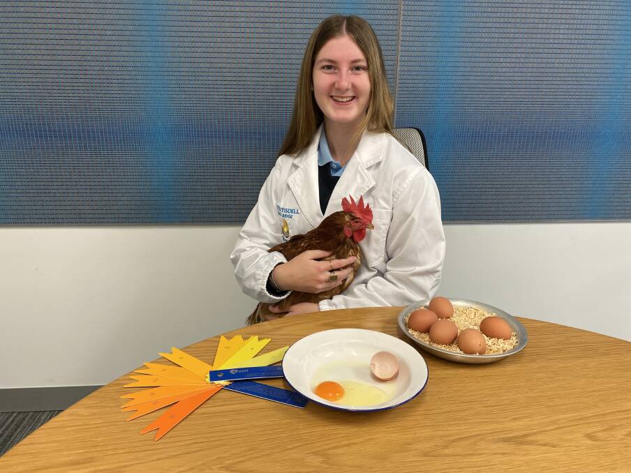 Egg judge and high school student Katie Tisdell with Brownie and some of the "tools of the trade" she uses to judge eggs.