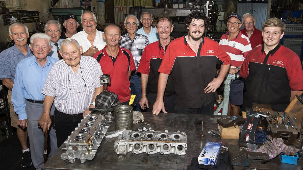 Rotarians Phil Streatfield, Ted Gauntlett, Alan Small, Ralph Godwin, Kevin Sharp, Murray Difford , Wayne Robards, Les Hogarth, Ross Tingle, David Fisher and Brian Brathwaite with Mick Lee, Sam Lee and Dane Wallis of Currie Bros Engine Reconditioners at a recent vocational visit by the Rotary Club of Taree.