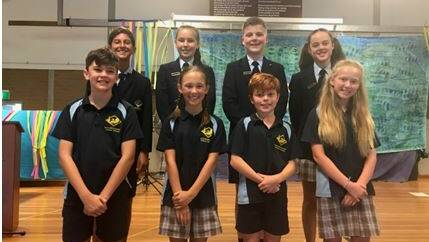 Introducing Hallidays Point Public School's new captains for 2019, front row, left to right, Vice Captains River Colliar and Stevie Burston, Captains Jack Eschbach and Charlie Keyte.  Outgoing Captains 2018, back row left to right, Vice Captains Izaac Boag and Georgie Parkinson, Captains Cohen Watt and Lily Moylan.