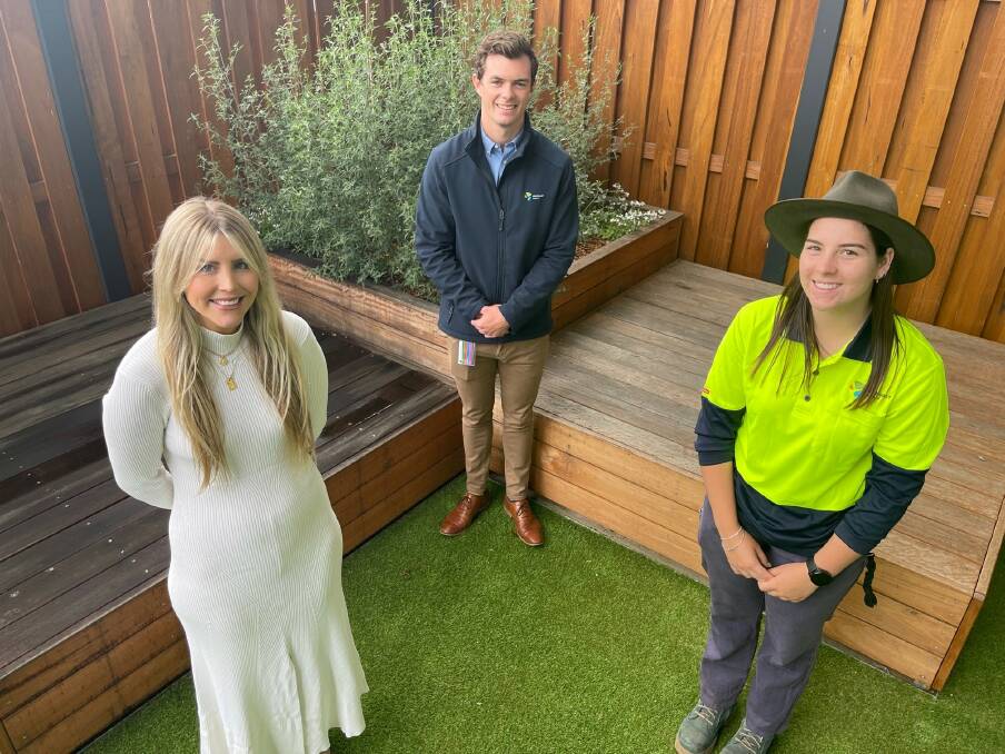 MidCoast Council's talent acquisition officer, Sophia Greenwood with 2021 recruits Harry Lloyd and Samara Dun.