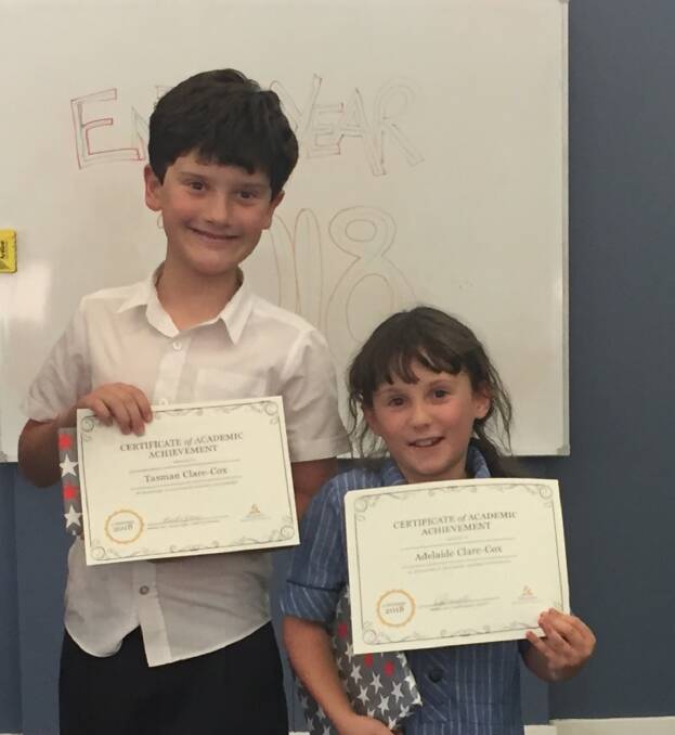 Manning Adventist School academic achievement award recipients, siblings Tasman and Adelaide Clare-Cox, Years 4 and 2 respectively.
