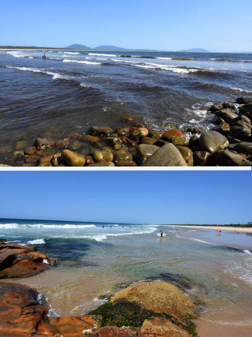 The top photo shows Crowdy Bay beach plagued by red weed, while the back beach (bottom) is clear of weed.