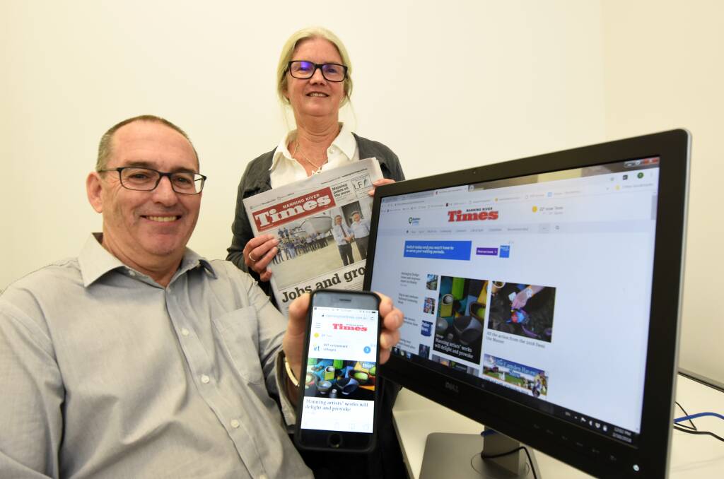 On mobile, on line and in print: Manning River Times senior journalist Mick McDonald and editor Toni Bell.
