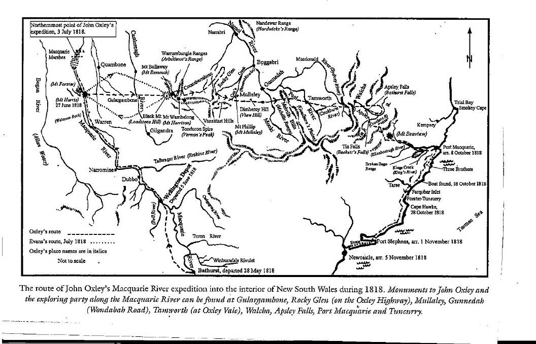 The route of John Oxley's Macquarie River expedition into the interior of New South Wales during 1818. Monuments to John Oxley and the exploring party along the Macquarie River can be found at Gulargambone, Rocky Glen (on the Oxley Highway), Mullaley, Gennedah (Wondabah Road), Tamworth (at Oxley Vale), Walcha, Apsley Falls, Port Macquarie and Tuncurry.
