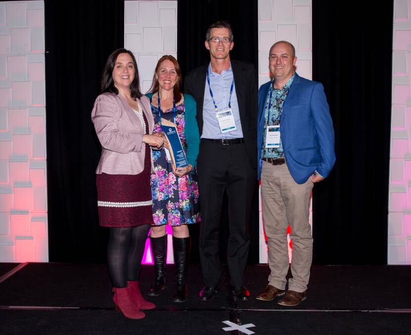 Dr Belinda Lovell, president of Stormwater Australia congratulates MidCoast Council’s Prue Tucker and Gerard Tuckerman, and project partner Mark Wainwright from Alluvium Consulting at the award ceremony.