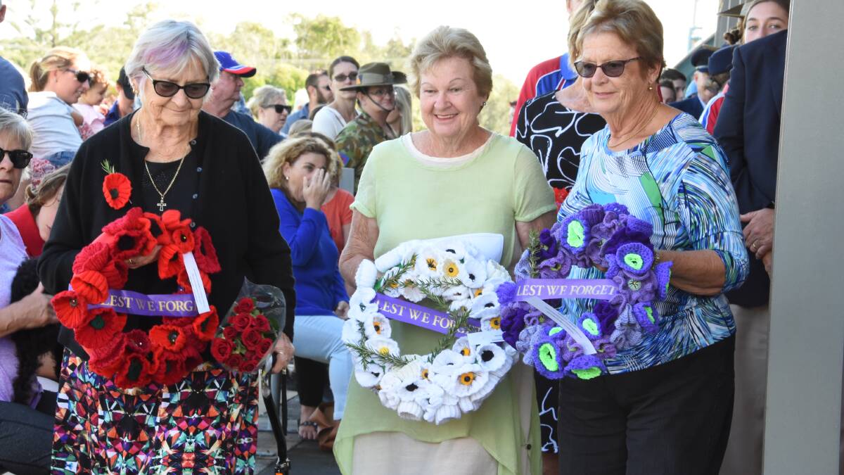 Hand-knitted and crocheted poppies formed wreaths that were laid at the Old Bar Anzac Day service.
