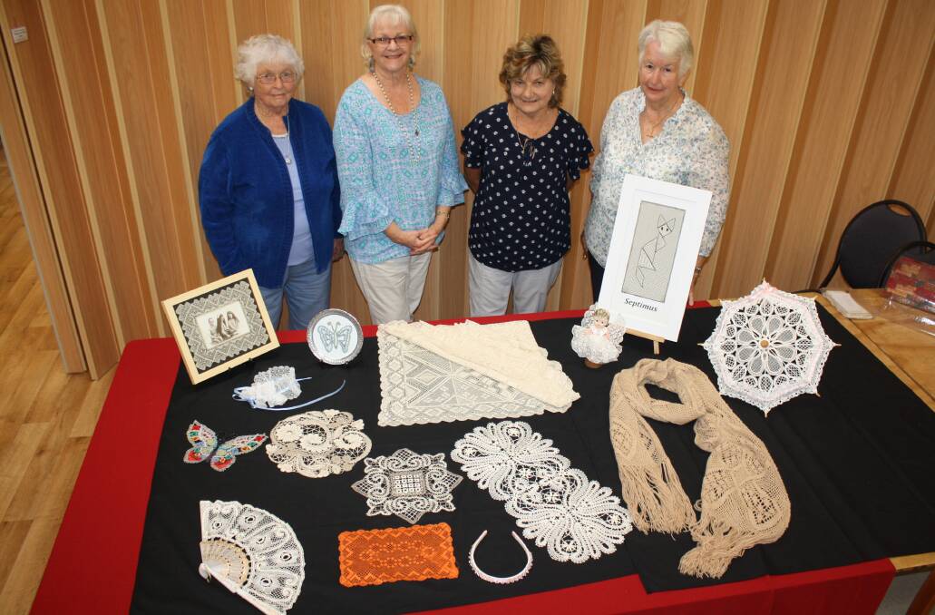 Bobbin lace makers Judy McNiell, Jacki Allan, Lorraine Kyle and Ruth Roberson with some of their beautiful handmade lace items.  The Bobbin Lace Makers will be conducting continuous demonstrations at Craftathon.