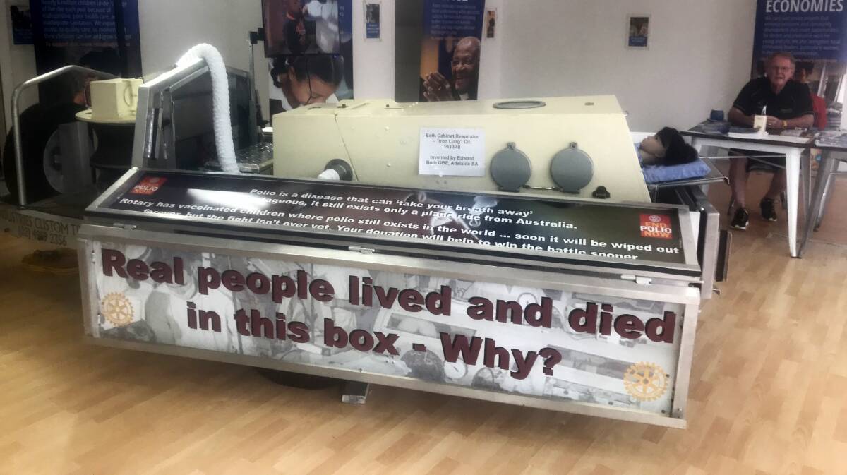The restored "iron lung" is on show at Taree's Centerpoint Arcade, along with posters of the PolioPlus campaign.