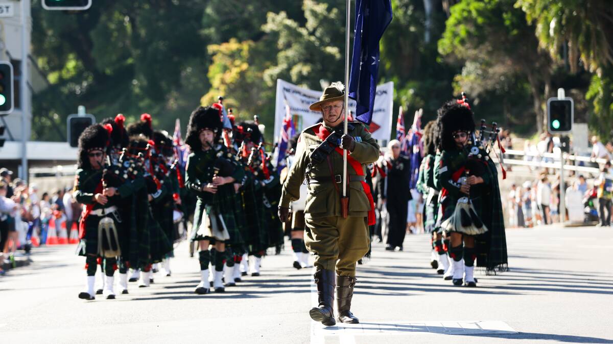 Hillville resident, Rodney O'Regan was invited to act as drum major for the main Anzac Day march in Newcastle. Photo Jonathan Carroll