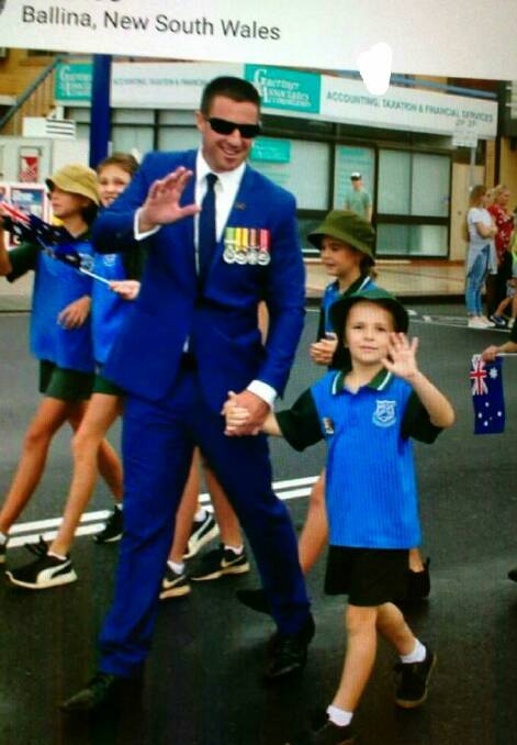 Andrew Murray and son Jack at Ballina. Andrew, former 2nd Cavalry Regiment, served in Iraq in 2004. He will compere the Oxley Island commemoration.
