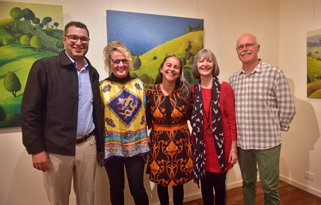 MidCoast Council general manager Adrian Panuccio and gallery director Rachel Piercy (centre) with exhibiting artists Jane Hosking, Yvette and Peter Hugill. Julie Slavin photo