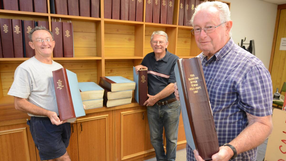 August 2016: Warren Whitley, Bruce Gibson and Bert Love from the Cundletown and Lower Manning Historical Sociaty relocate bound copies of the Manning River Times to the museum.