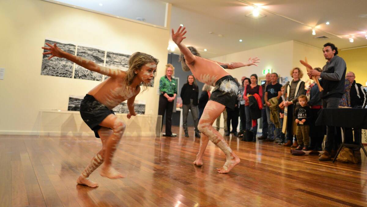 Worimi Dancers launching Ocean Dreaming, an exhibition of hand shaped timber boards by Andy Wallace featuring the intricate cultural carvings of Andy Snelgar - June 2018.