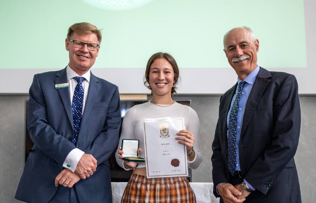 St Clare's High Schools 2019 Dux Abbey Last with Paul Greaves and Peter Nicholls. Photo supplied