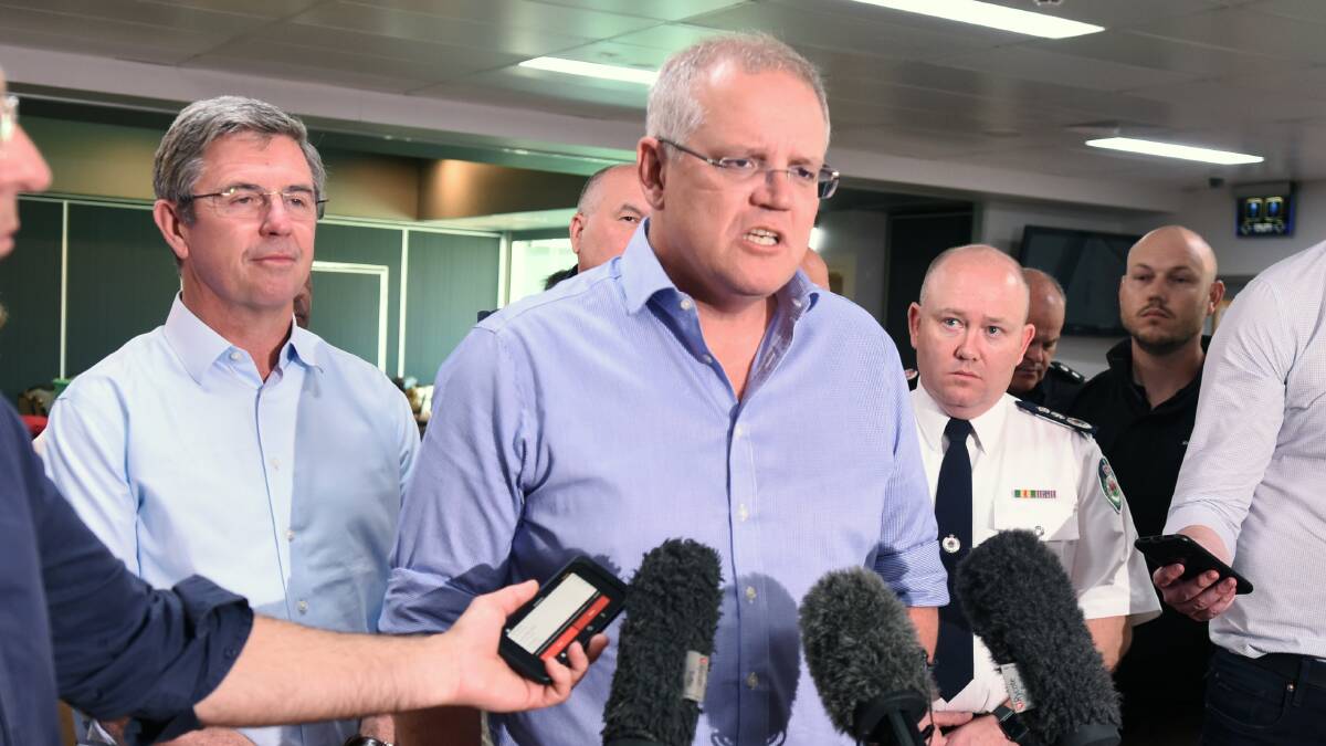 Prime Minister Scott Morrison at a press conference in the Taree evacuation centre during the fire emergency. Photo Scott Calvin