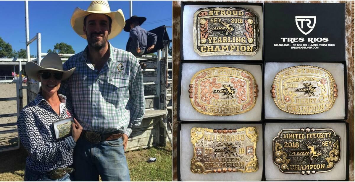 Left: Heidi Yates with her buckle and friend, Brian Scott. Right: the buckles for 'The 6EY Stroud Futurity'. Photos supplied