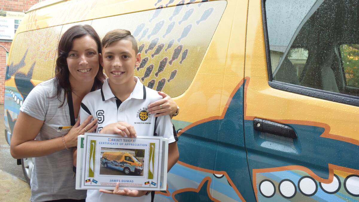 Proud parent: Brooke Browne and her son James Dumas at the unveiling of the bus James designed for Manning Valley Community Transport. 