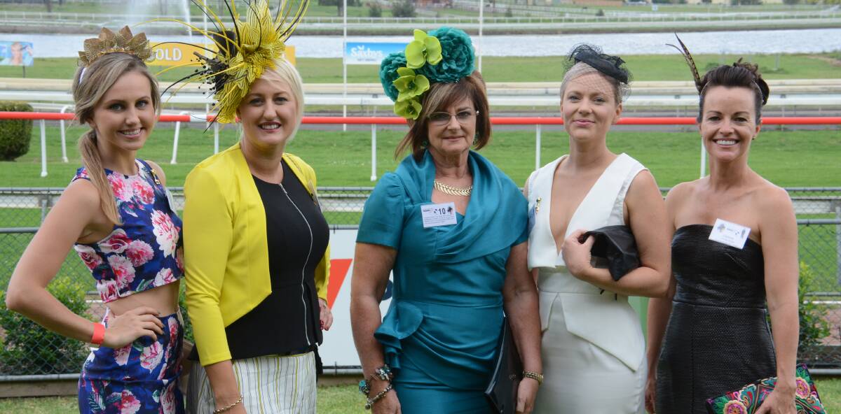 Racing fashion: Judge Tahlea Pearson, Renee Kerry, Leonie Barry, judge Erin Byrne and judge Debbie Saunders at Taree's 2015 Melbourne Cup. 