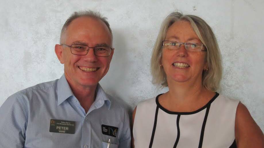 Port Macquarie businessman and past president of the Rotary Club of Port Macquarie,  Peter Vane and chair of Sunrise on the Manning Rotary, Richelle Murray. 
