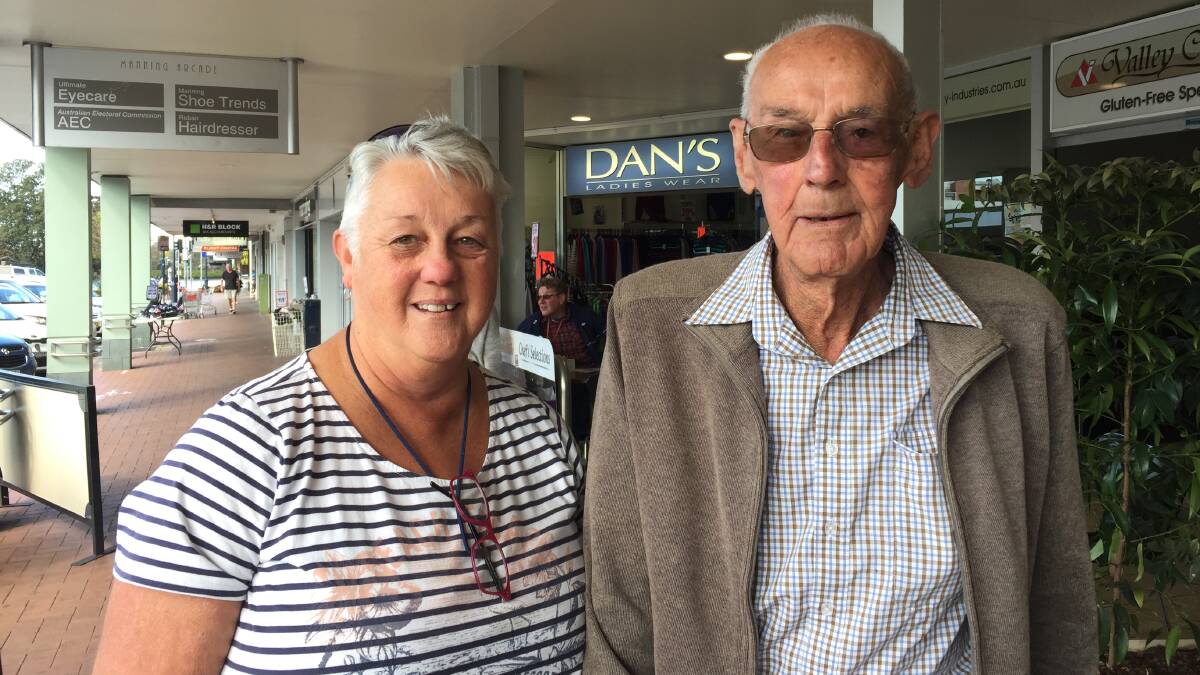 Irene Relf with her father Clem Wisemantel on Manning Street in Taree. Photo Anne Keen