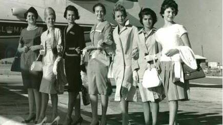 Some of the Miss Easter Showgirl contestants at Dubbo Airport in 1962.