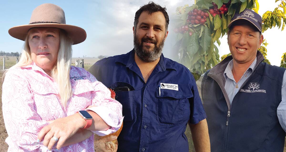 Lauren Newell of Wingham, Matthew Fenech of Horsley Park and Chris Hall of Wallendbeen, are vying for the title of 2019 Farmer of the Year.