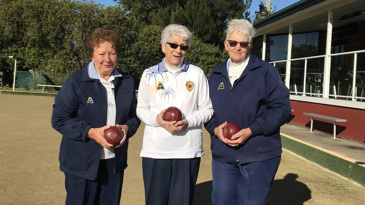 Spirit: Woonona Womens Bowling Club members Marion Hunt, Margo Stanford and Angela Gibson. Picture: Mike Driscoll