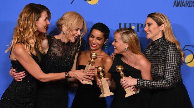 Many stars, including the cast of Big Little Lies, wore black to the Golden Globes in protest of sexual harassment and abuse in the entertainment industry. Photo: Jordan Strauss