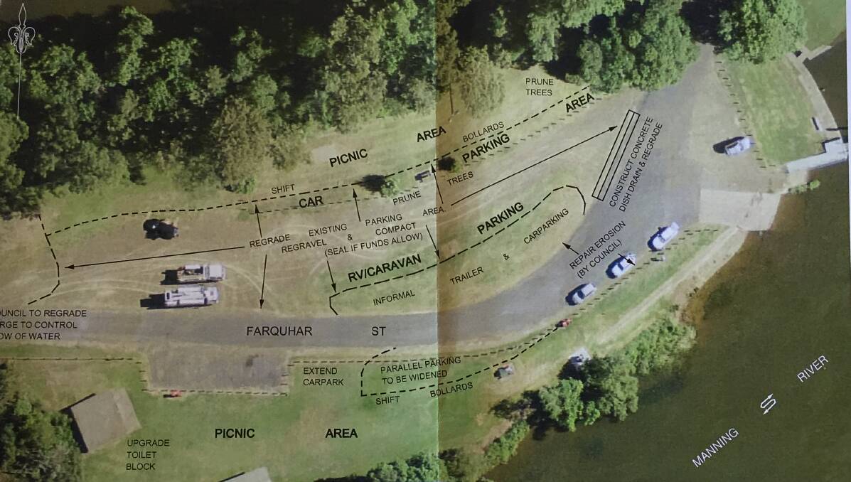 The plan for upgrading the car park/camp site at Wingham Riverside Reserve at Wingham Brush.
