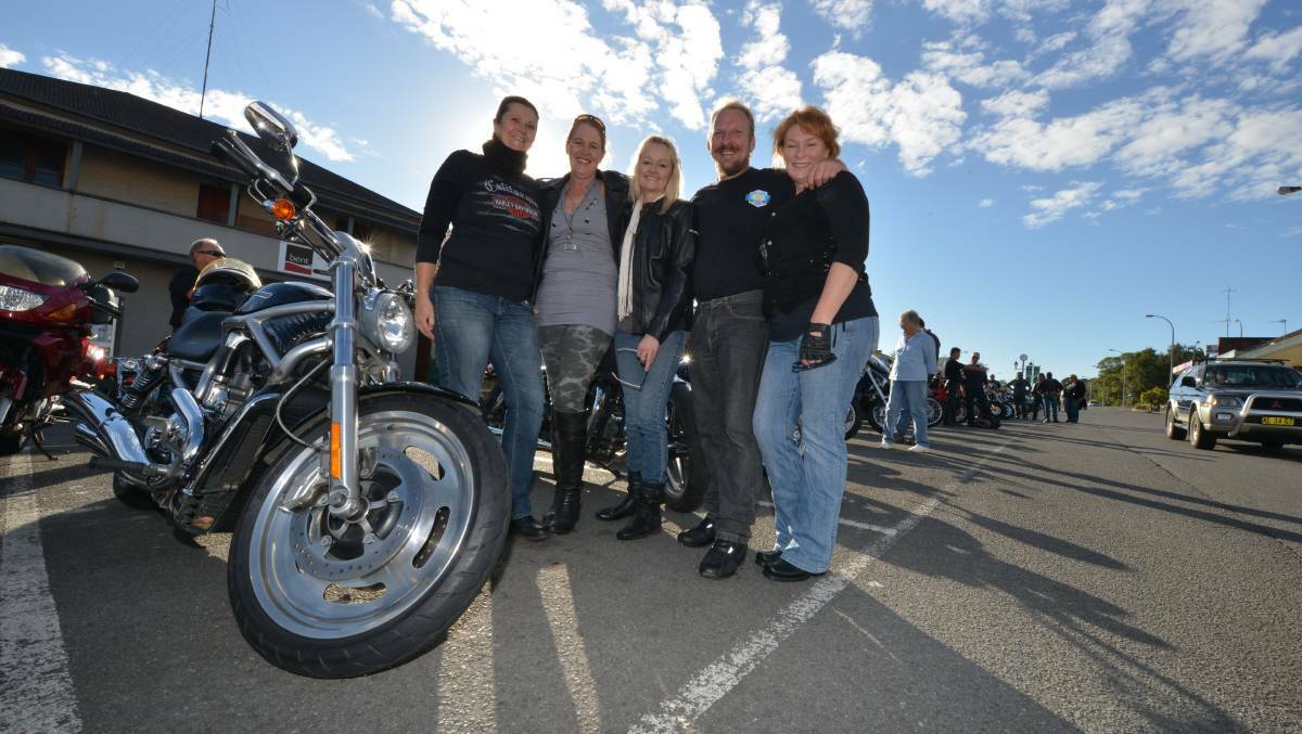 Wingham locals Bronwyn Galea, Tracey Williams, Judy Wells, Peter Fowler and Kath Parr wait to ride in a Rotary Club of Wingham Charity Motorcycle Bike Ride.