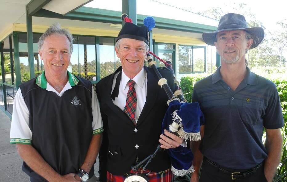 Neville Blanch with Clash of the Clans major sponsor Craig Harrison of Wingham Remedial Massage and Graeme Clarke of Wingham Pipes and Drums at the 2016 Clash of the Clans tournament.