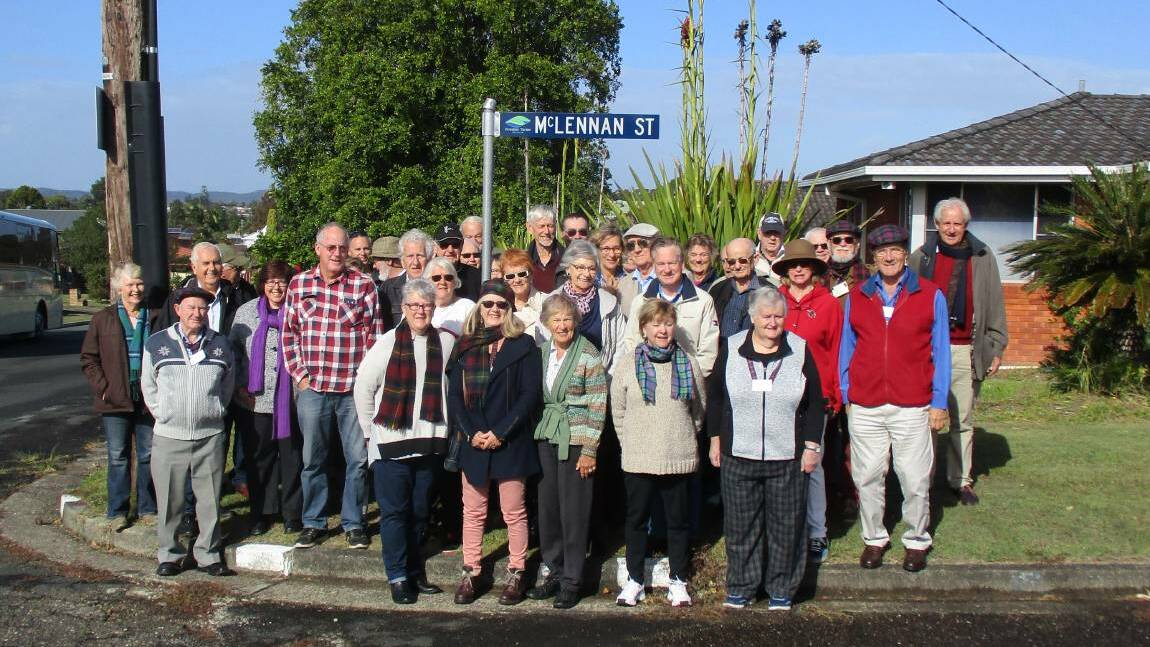 The bus tour group making a quick stop on McLennan Street during the 2018 Bonnie Wingham Scottish Festival Heritage Bus Tour.