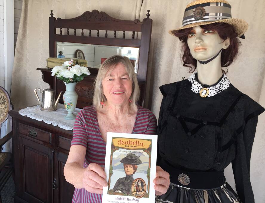 Playwright Maggie Young will launch her first book in Wingham on Saturday. Maggie is pictured in the window display dedicated to her book at Wingham Museum.