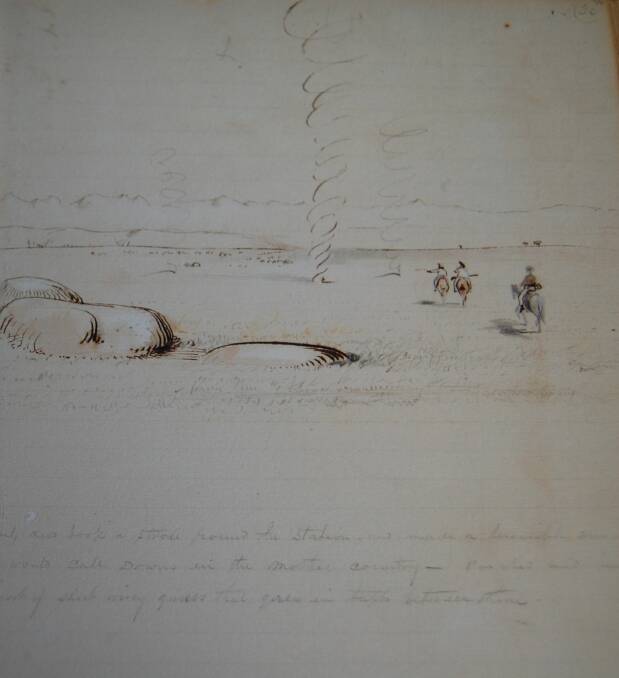 A page of Oswald Brierly's journal, depicting the journey he and Ben Boyd made to the Monaro, guided by Budginbro, also known as the Chief of Twofold Bay. State Library of New South Wales.