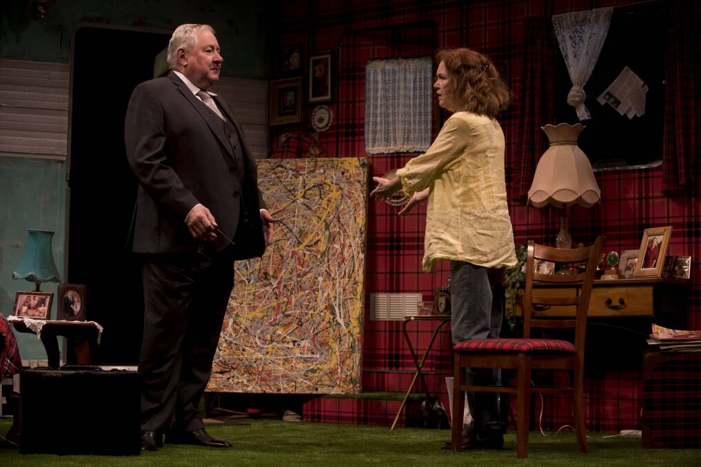 Together again: Lionel Percy [John Wood] argues with Maude [Julie Nihill] about the authenticity of her "Jackson Pollock" in Bakersfield Mist, at the Manning Entertainment Centre on July 22.