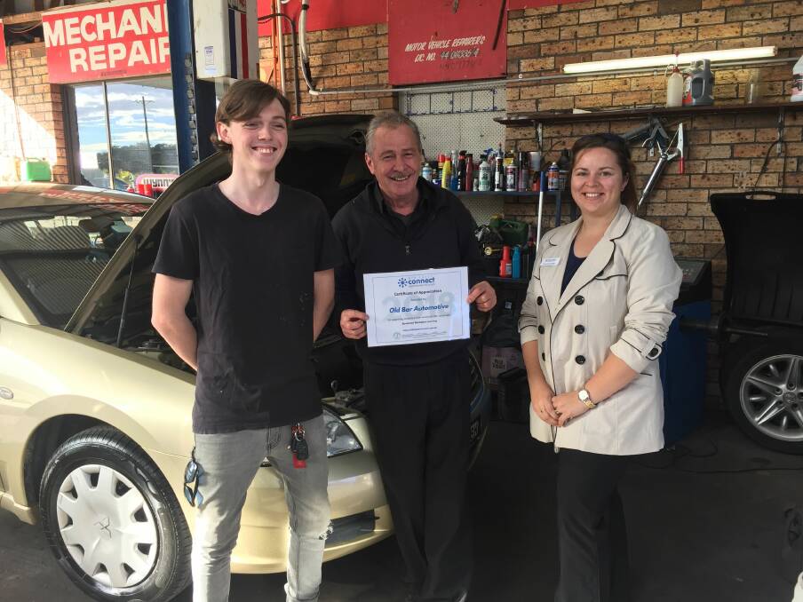 Great work: New apprentice Robbie Pinkerton, Old Bar Automotive's Ted Anderson and Midcoast Connect work placement coordinator Toni-Lee Collier.