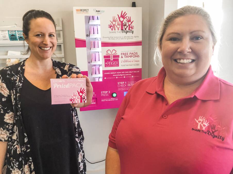 Free sanitary pad and tampon packs will help many women and young girls more easily manage their period while living in vulnerable situations in the Taree area, says Samaritans Taree case worker Natalie Owens and Share the Dignity Shero, Nicole Wiffen. Photo: Ainslee Dennis.