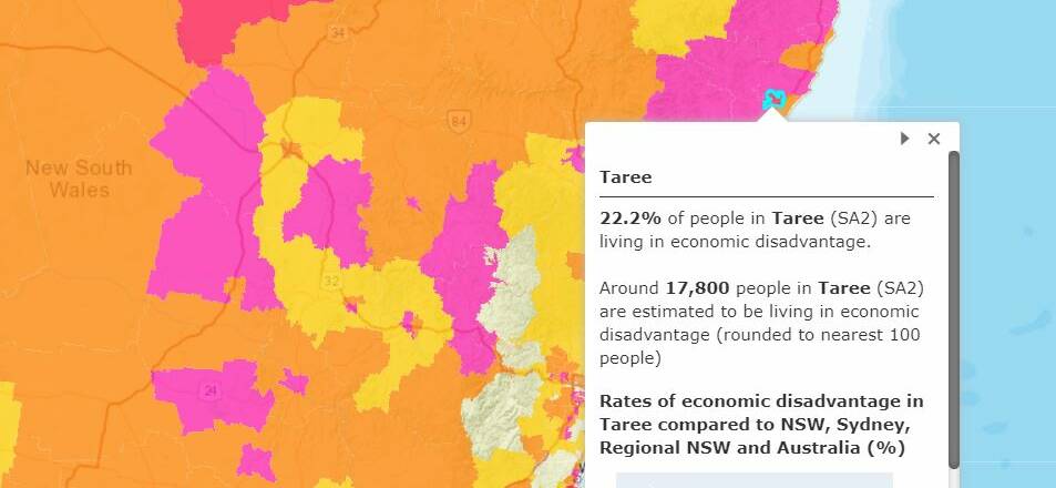 The NCOSS map of economic disadvantage for Taree. To see all maps click here.